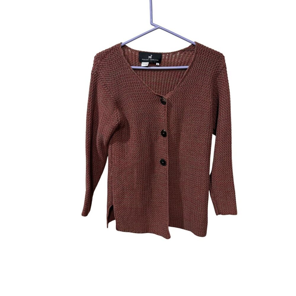 Peruvian Connection Asymmetrical Button Knit Cotton Sweater in Dusty Rose M